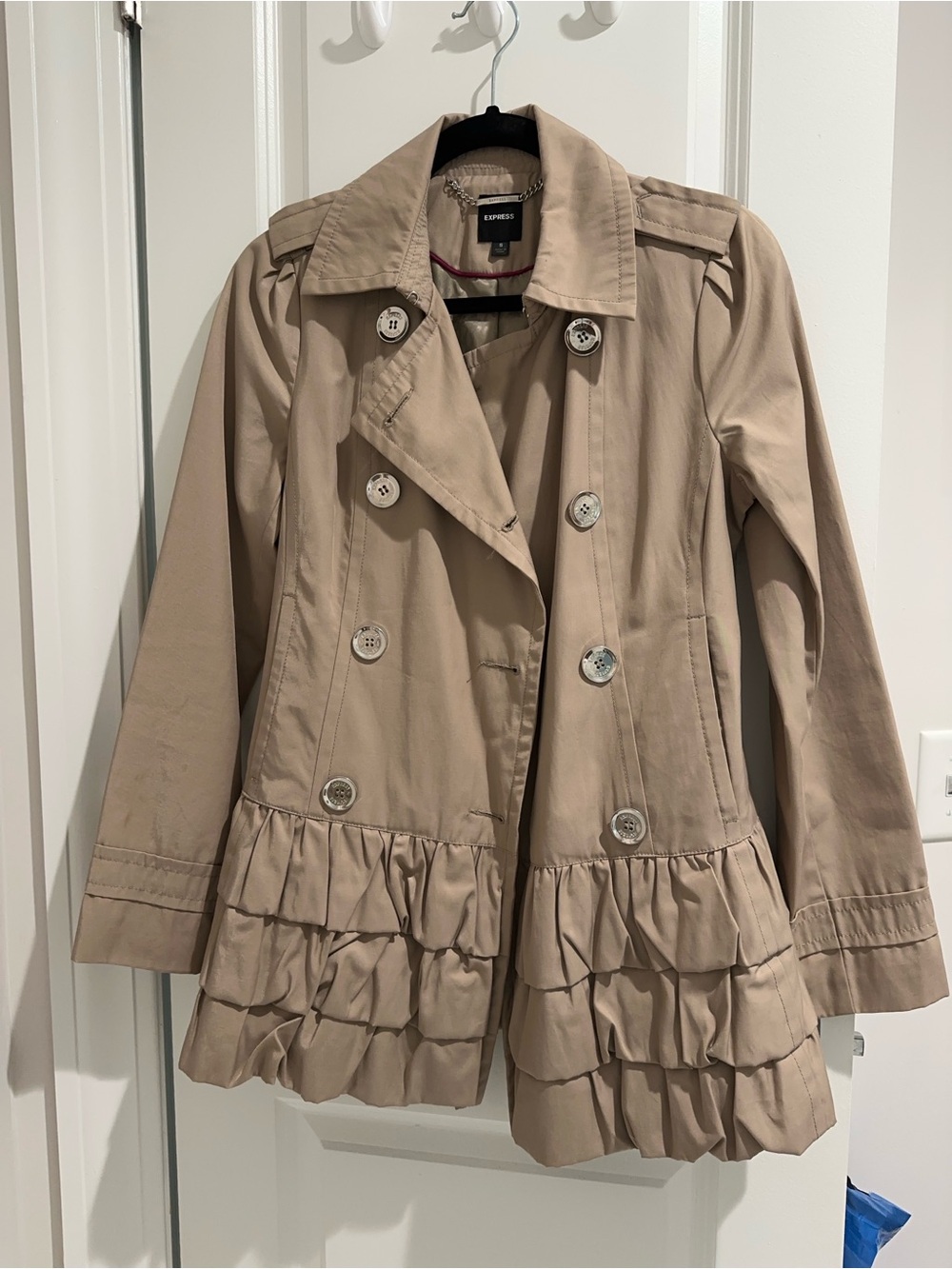 Express Beige Ruffle-Hem Double-Breasted Trench Coat - Picture 2 of 2